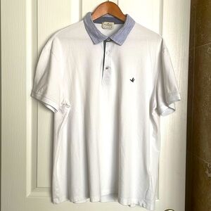 Brookfield White Polo with Striped and solid blue denim details.